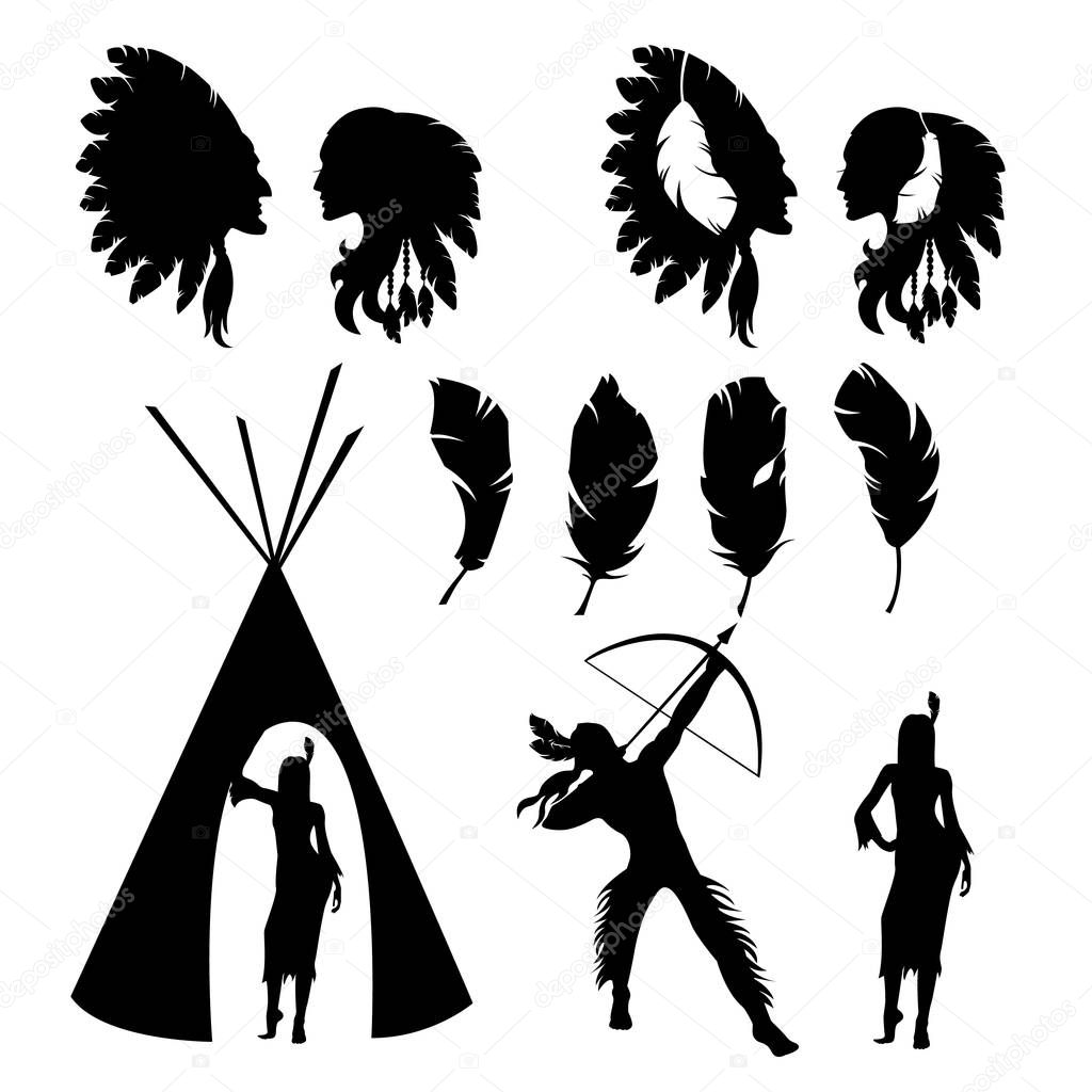 Set of isolated black silhouettes of indians on white background