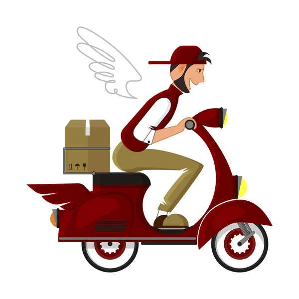 Happy courier sur un scooter rouge livre le paquet à l'adresse . — Image vectorielle