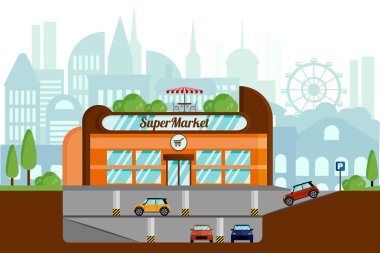 Yeraltı otopark ile bir süpermarket kavramı. Şehrin arka planında düzen