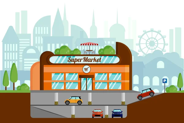 Yeraltı otopark ile bir süpermarket kavramı. Şehrin arka planında düzen