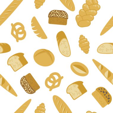 Ekmek Dikişsiz desen. Beyaz arka planda farklı türde ekmek ürünleri