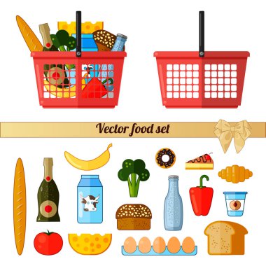 Vektör gıda seti. Yiyecek süpermarket kırmızı sepeti. Beyaz arka planda yalıtılmış nesneler