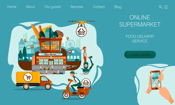 Progetto di pagina di atterraggio. Il concetto di supermercato con servizio di consegna di cibo e sistema di ordinazione online — Vettoriale Stock