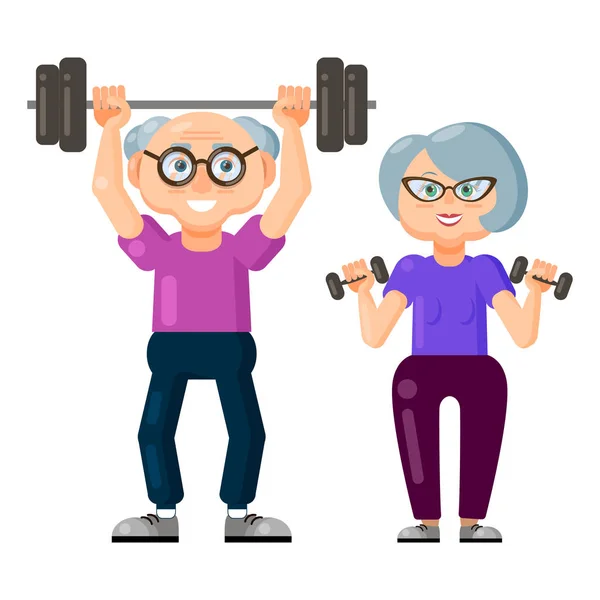 Cute old man and old woman doing fitness exercises with dumbbells and barbell together — Stock Vector