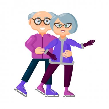 Buz pateni pistinde kış lık kıyafetler giyen ve eğlenen sevimli yaşlılar