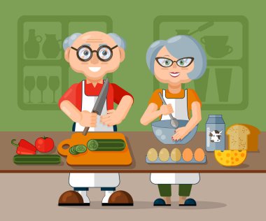 Birlikte mutfakta sağlıklı taze sabah kahvaltı pişirme önlük güzel yaşlı aile çift