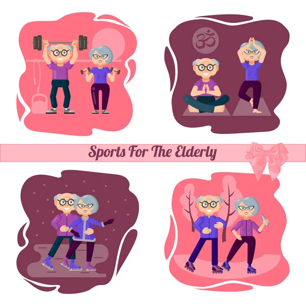 Karakter seti. Aktif yaşlı insanlar spor la meşgul. Yaşlılar için spor