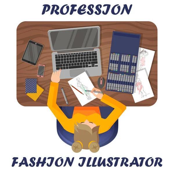 Mode Illustrator op het werk. Werkplek van kleding ontwerper. Uitzicht vanaf boven — Stockvector