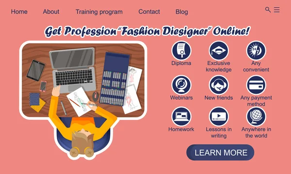 Diseño de página de aterrizaje. Educación en línea. Formación profesión diseñador de moda en línea — Vector de stock