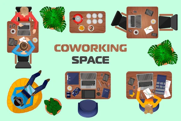 Konzept von Coworking Space und komfortablen Arbeitsplätzen für Menschen. — Stockvektor