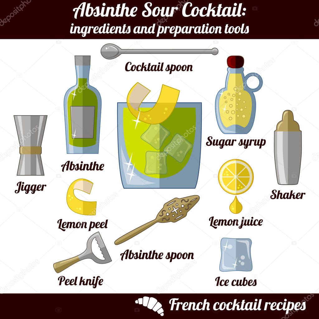 Absinthe Sour cocktail. Set of isolated elements on white background