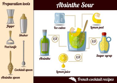 Absinthe Ekşi kokteyl. Infographic seti, tarifi illüstrasyon