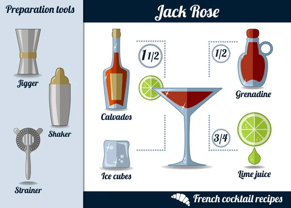 Cocktail Jack Rose. Set infografico, illustrazione delle ricette — Vettoriale Stock