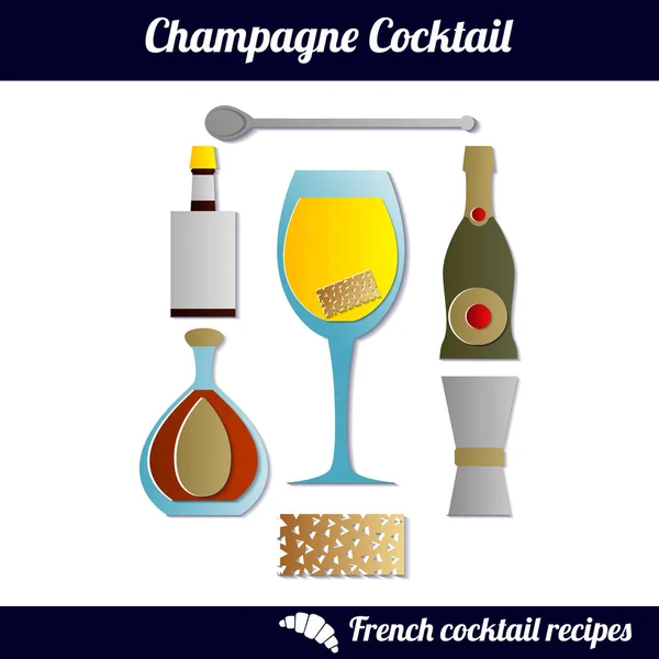 Cocktail di champagne. Set infografico di elementi isolati su sfondo bianco. Taglio carta — Vettoriale Stock