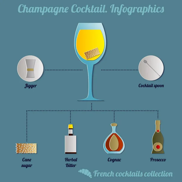Champagne Cocktail Set infografico, illustrazione delle ricette. Design taglio carta — Vettoriale Stock
