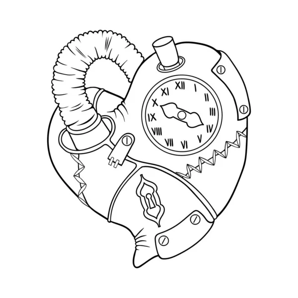 Steampunk tarzında Kalp. Siyah beyaz boyama