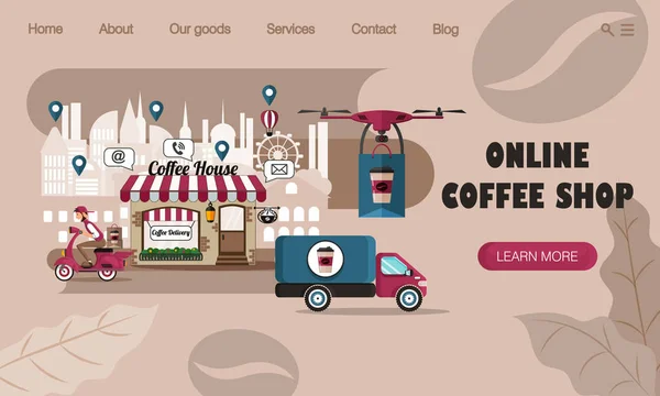 Projekt strony docelowej. Koncepcja online Coffee Shop z dostawą kawy i systemu zamawiania online — Wektor stockowy