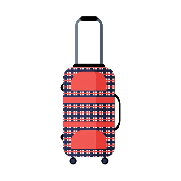 Современный клетчатый красный и синий чемодан путешествия. Значок плоского вектора. Изолированный объект на белом фоне — стоковый вектор