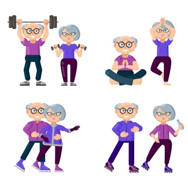Aktif yaşlı insanlar spor la meşgul. Yaşlılar için spor seti. 
