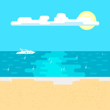 Güneşli bir günde sakin deniz ve kumlu plaj. 