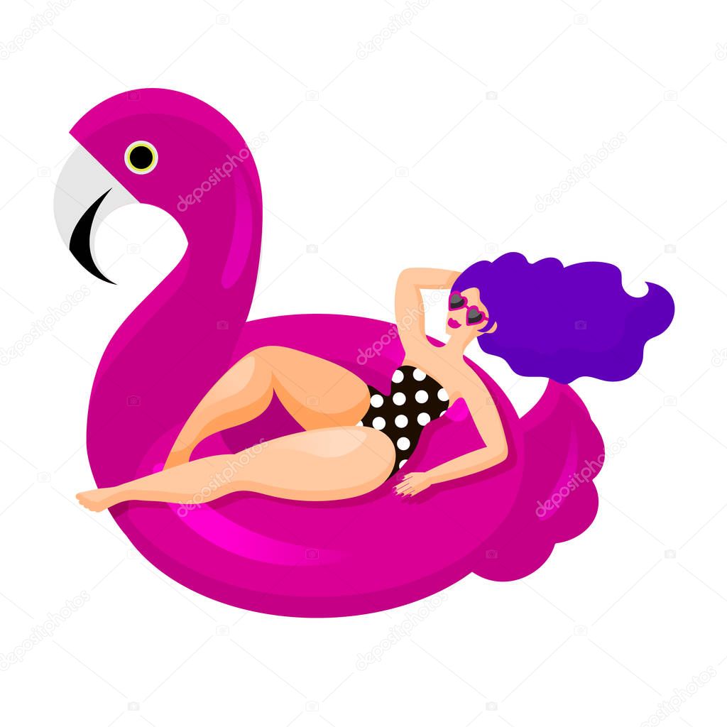 Happy glamorous woman resting, sunbathing in a huge trendy swimming circle in the form of a pink Flamingo