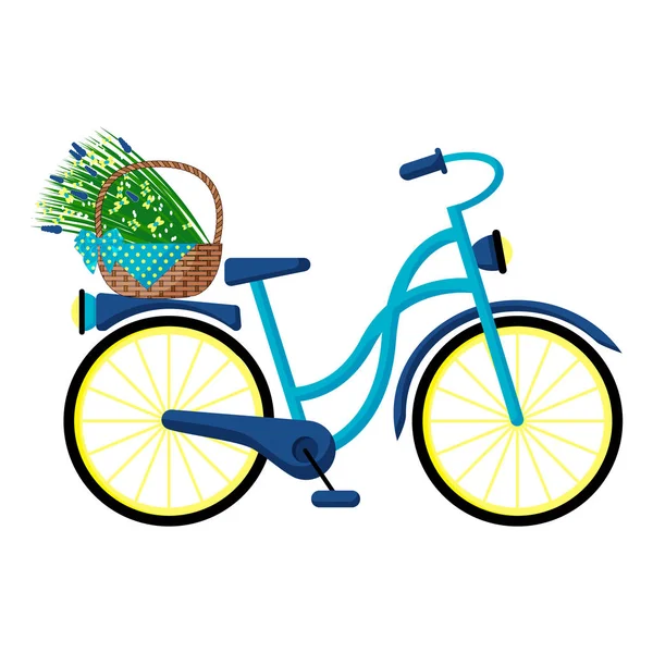 Синий ретро-велосипед с корзиной диких цветов на багажнике — стоковый вектор