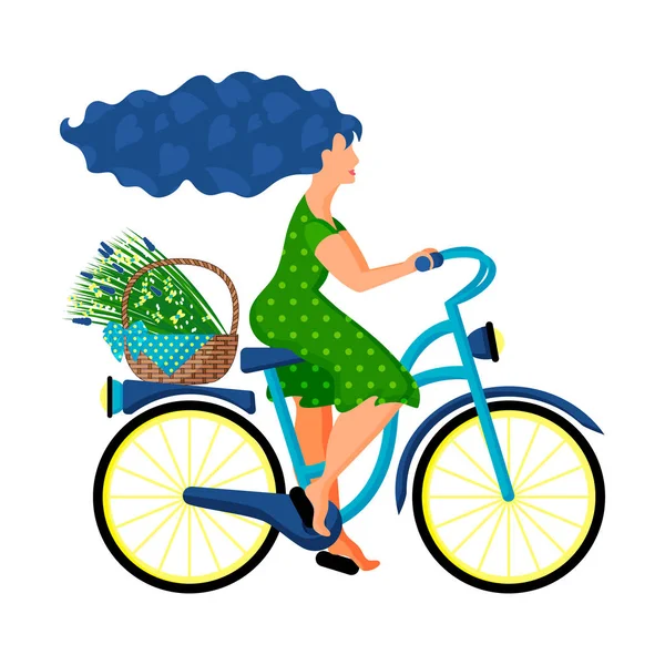 Une jeune femme en robe verte fait du vélo avec un panier de fleurs sauvages . — Image vectorielle