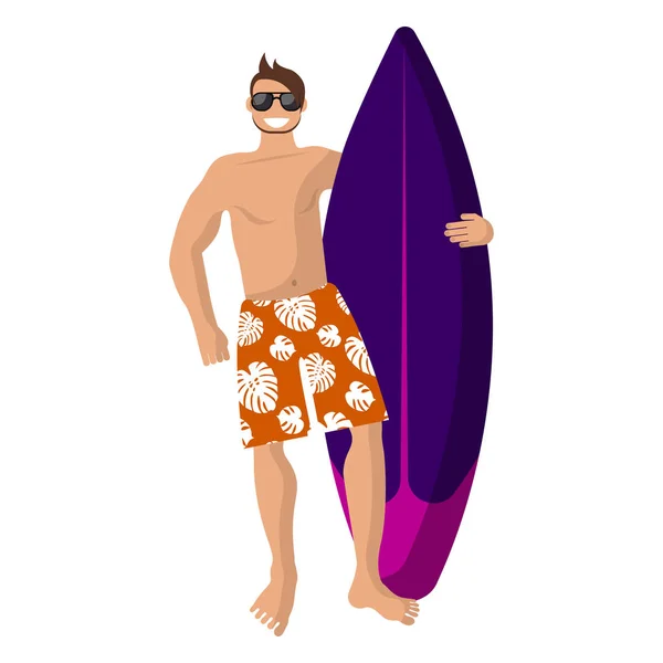 Buon surfista in pantaloncini arancioni con in mano una tavola da surf . — Vettoriale Stock