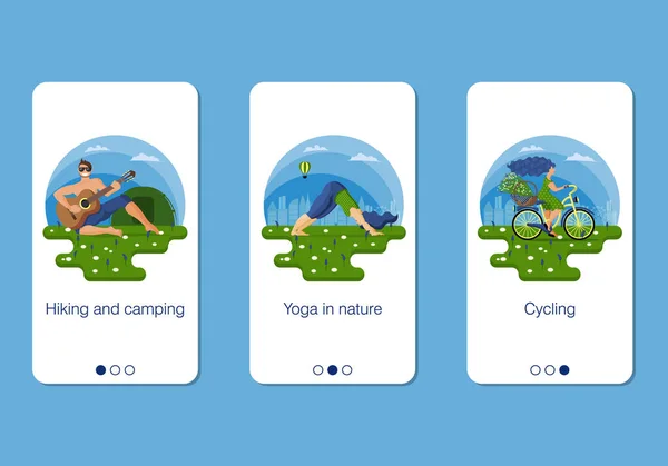 Ensemble de page d'application mobile, écran mis sur le thème des vacances d'été actives dans la ville — Image vectorielle