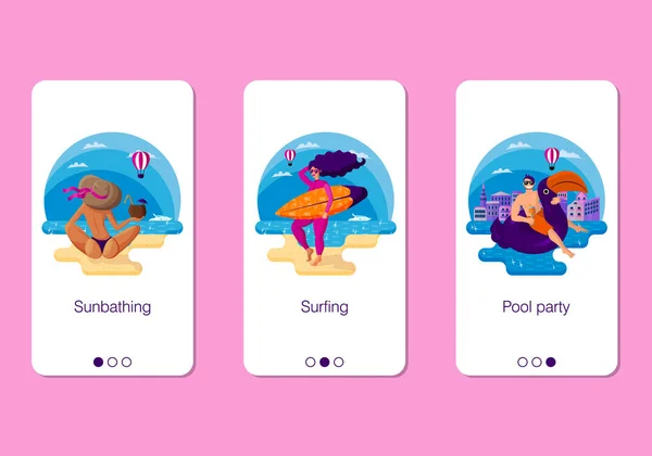 Conjunto de diseño de página de aplicación móvil, conjunto de pantalla en el tema activo vacaciones de verano en el mar . — Vector de stock