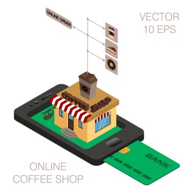 İzometrik online kahve dükkanı. ınfographics