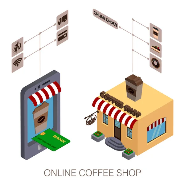 Cafetería isométrica en línea. Servicio de pedido y entrega en línea — Vector de stock
