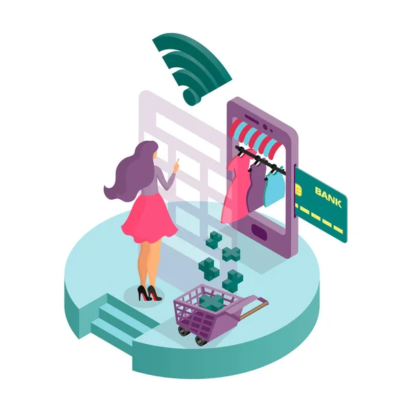 Una mujer joven hace una compra en la tienda en línea de ropa de mujer. Icono isométrico 3D. Infografías — Vector de stock