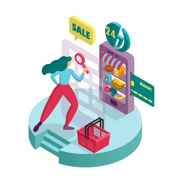 Una mujer joven compra productos en un supermercado en línea. Icono isométrico 3D. Infografías — Vector de stock