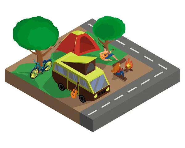 Family resting in nature, eco tourism, camping. Isometric vector 3D illustration. — Stock Vector