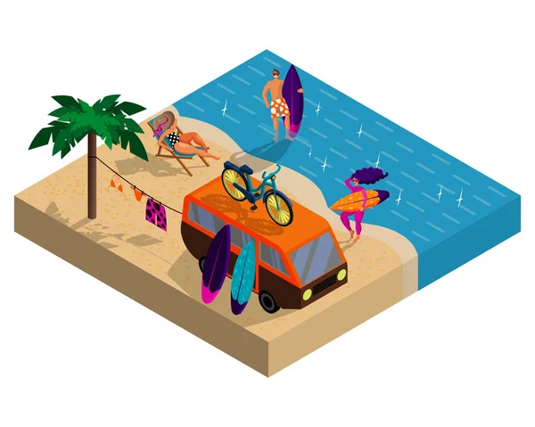 Summer Camp on Beach. Company of young surfers. Vector isometric 3D Illustration — Stock Vector