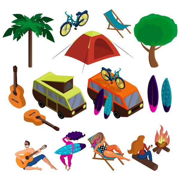 Ensemble d'objets sur le thème des vacances d'été. Illustration 3D isométrique vectorielle sur fond blanc — Image vectorielle
