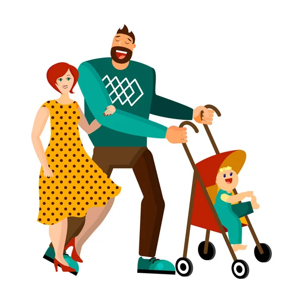 Une famille heureuse passe son temps libre ensemble. Les jeunes parents marchent avec l'enfant en calèche — Image vectorielle