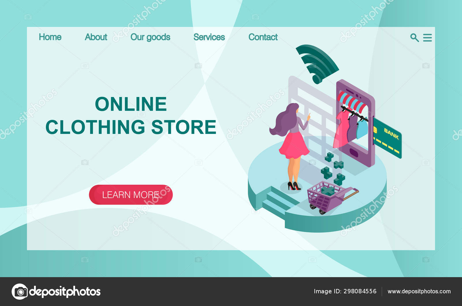 The concept of online online store of women's clothing. 3D isometric illustration. Vector website landing page design template