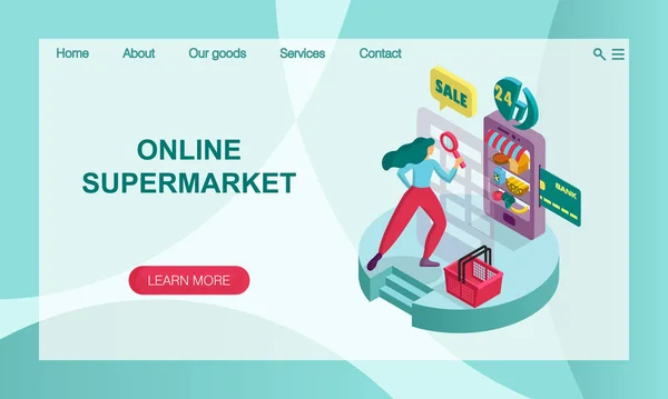 El concepto de supermercado en línea. Ilustración isométrica 3D. Plantilla de diseño de página de destino del sitio web vector — Vector de stock