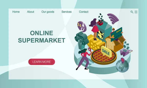 Концепция онлайн супермаркета с гигантской едой. 3D изометрическая иллюстрация. Шаблон дизайна векторной страницы сайта — стоковый вектор