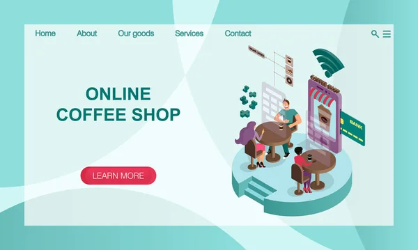 El concepto de la cafetería en línea. Ilustración isométrica 3D Vector página web landing page design template — Vector de stock