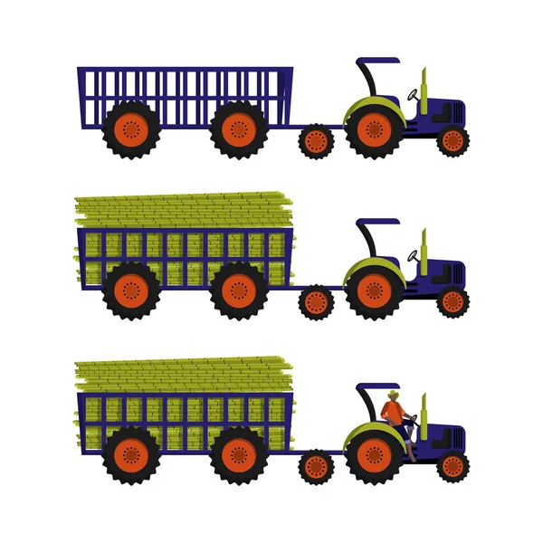Traktor mit leerem Anhänger. Traktor mit Zuckerrohr beladen. Traktor mit einem schwarzen Traktorfahrer im Führerhaus. Zuckerrohrernte. — Stockvektor