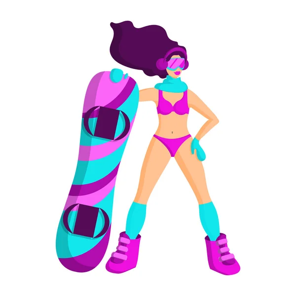 Belle fille en maillot de bain en bottes de snowboard et lunettes avec un snowboard — Image vectorielle