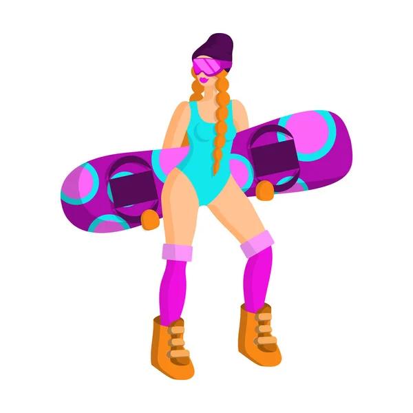 Menina Bonita Maiô Azul Botas Snowboard Óculos Com Snowboard Abertura —  Vetores de Stock