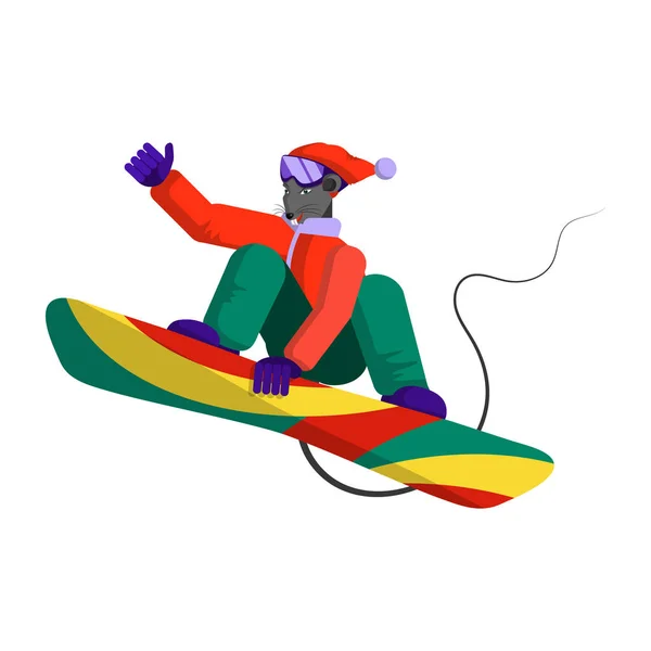 Mouse - Snowboarder in a sports winter suit makes a snowboard jump from a mountain slope and shows class sign with hand