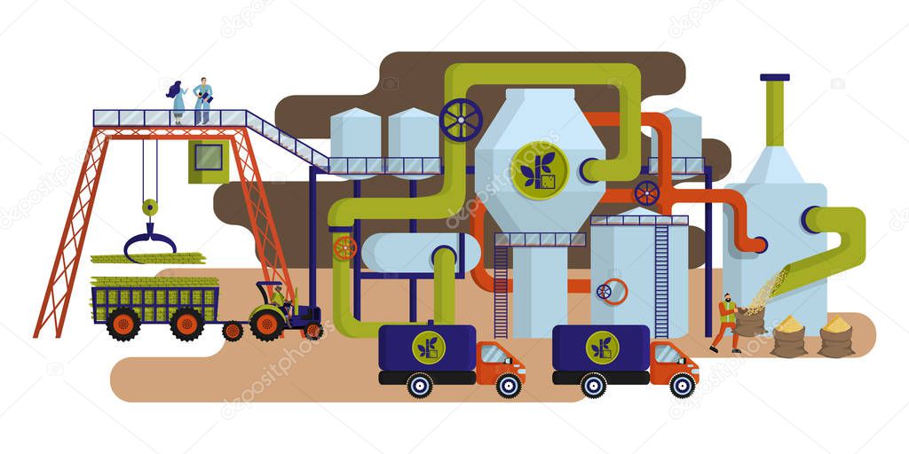 Concept of industrial plant for sugar cane processing and sugar production. 