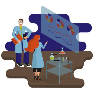 Laboratuvar. Bilim adamları araştırma ve geliştirme yapmak. Uzmanlar grafikler ve grafiklerle etkileşime girsin, ekrandaki verileri analiz eder