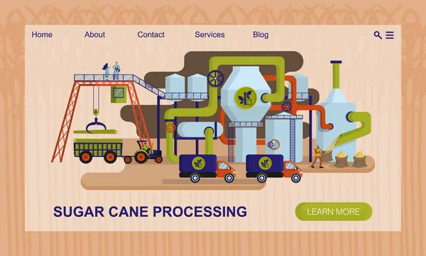 Concepto de planta industrial para el procesamiento de caña de azúcar y la producción de azúcar. Concepto de sitio web, plantilla de diseño de landing page — Vector de stock