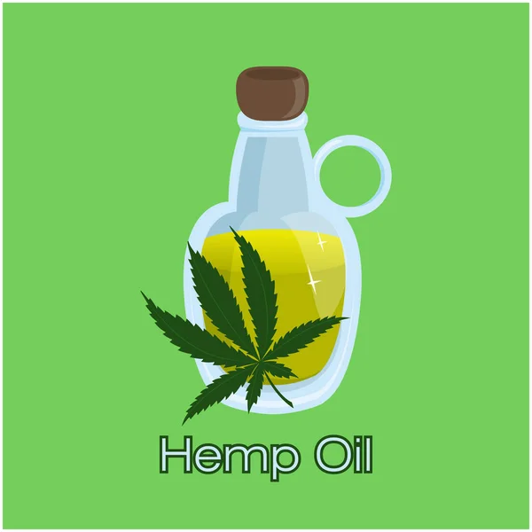 Een glazen fles hennepolie en een cannabisblad. Geïsoleerd pictogram op groene achtergrond — Stockvector